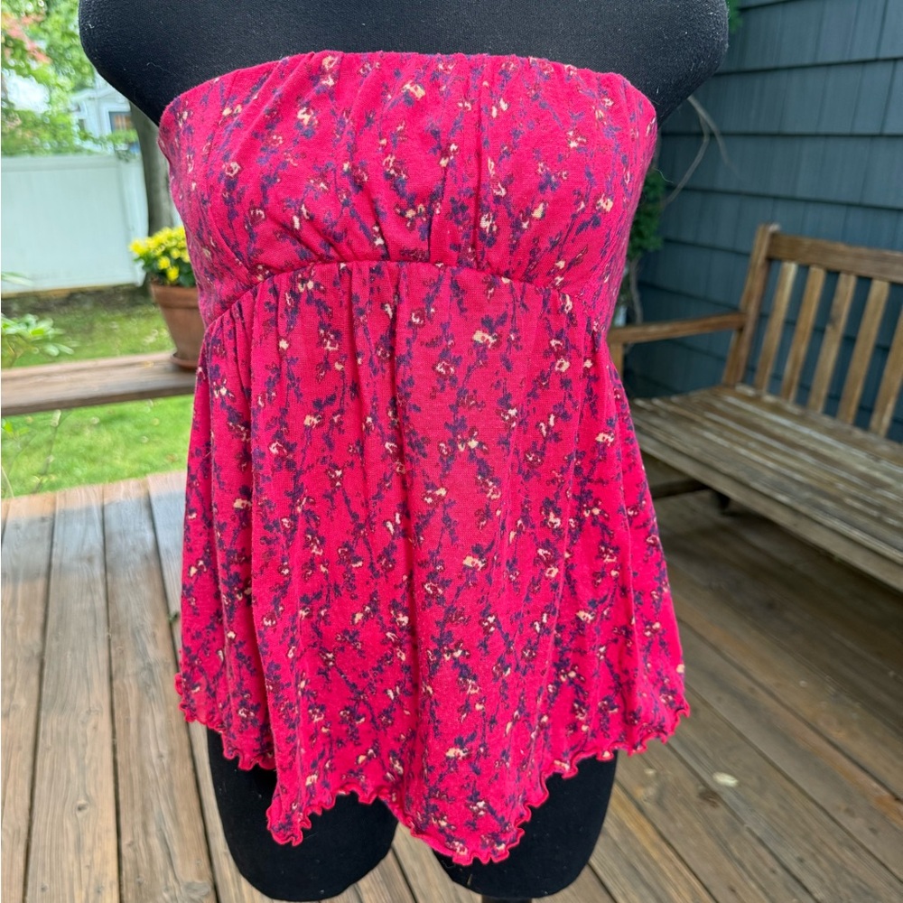 Free People‎ Red Floral Strapless Tube Top Babydoll Empire Waist Lettuce Hem SM